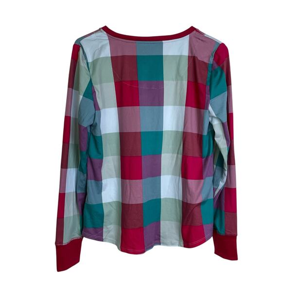 Kate Spade Henley Long Sleeve Pajama Top Small Check Button Pink Multi Cotton - Picture 2 of 13